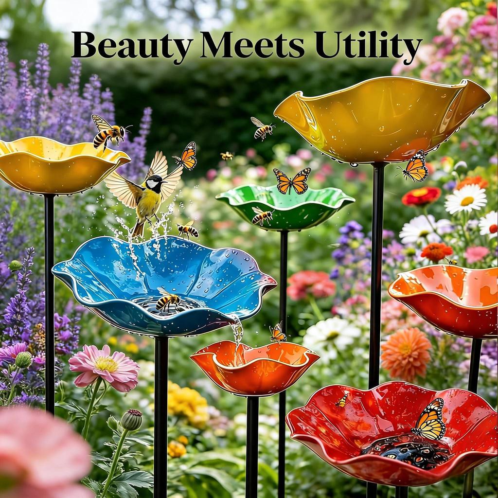 Handcrafted Metal Flower Garden Stake Ground Insert Iron Floral Sculpture Bird Bath Stake Wavy Curved Petal Rust-resistant