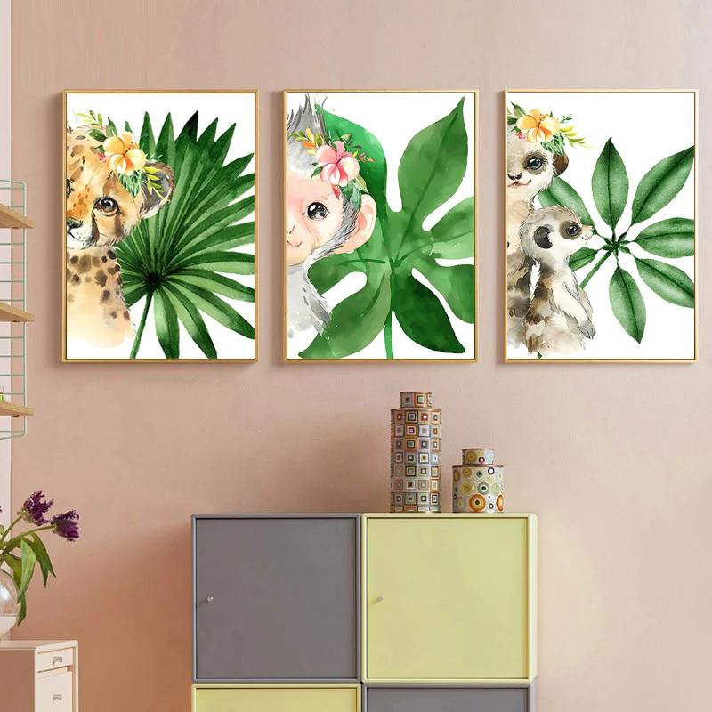 Растение Лист Зебра Слон Обезьяна Животное Настенное Искусство Холст Живопись Скандинавские Постеры и Принты Настенные Картины для Детской Декор Детской Комнаты