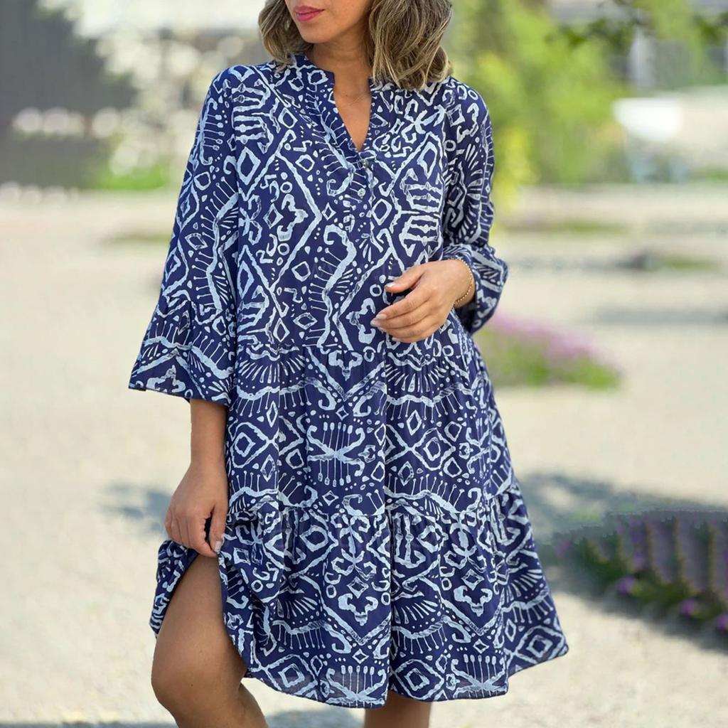 Women's Fashion Button V-neck Speaker 3/4 Sleeve Printed Patchwork Cake Dress
