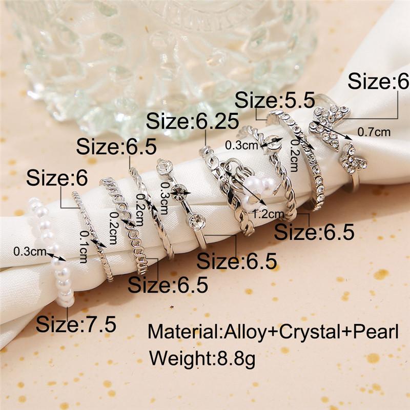 Fashion Hollow Butterfly Ring Set 9PCS Elegant Vintage Crystal Women Finger Cute Pearl Jewelry Wedding Party Gift