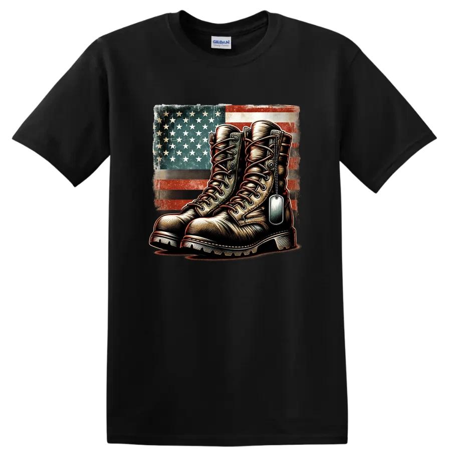 Military Boots T Shirt with American Flag Graphic Vintage Style Tee
