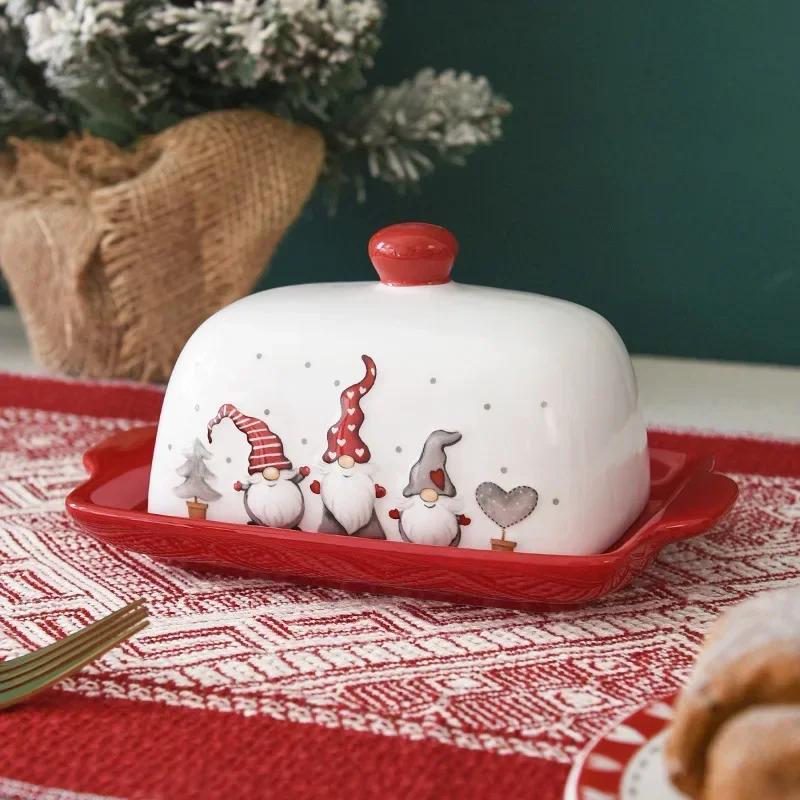 Christmas Elk Santa Claus Pattern  Butter Dish with Lid Nordic Style Sweets Cakes Desserts Cheese Plate Butter Container Dishes