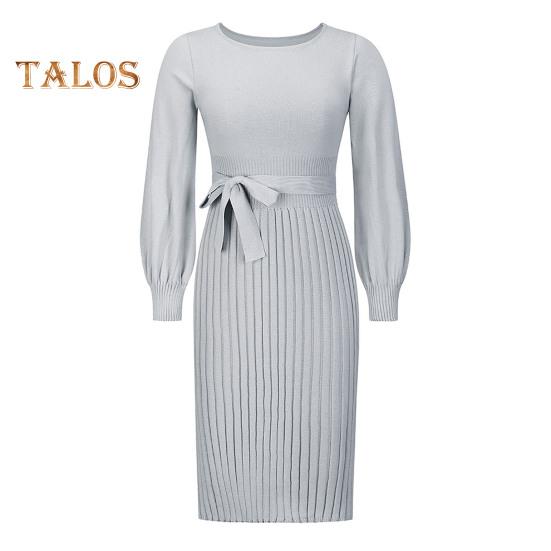 Осеннее женское платье, трикотажное, с круглым вырезом, длинными рукавами, облегающее, со шнуровкой, с узкой талией, длиной до середины икры, эластичное, однотонное, миди-платье-свитер