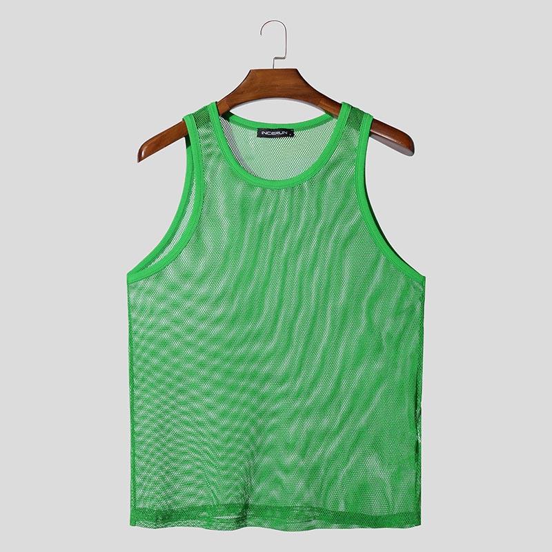 INCERUN Men Round Neck Sleeveless Mesh Sheer See Through Party Tank Tops T-shirts