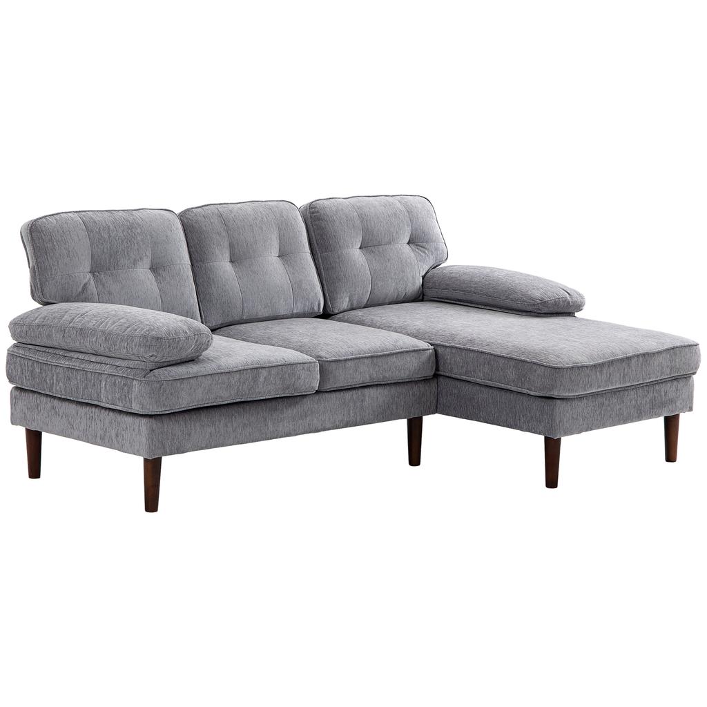 Corner Sofa, 3-Seater, L-Shape, Chenille, Wooden Legs, Armrests, 215 x 142 x 88 cm, Grey