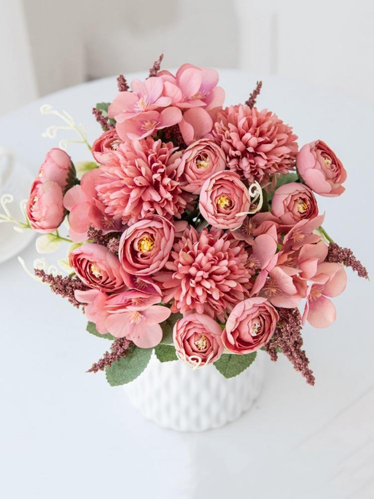 2Pcs Artificial Chrysanthemum Hydrangea Rose Bouquet Artificial Flowers Fake Roses Peony Flower Silk for Party Home Table Wedding Courtyard Decoration