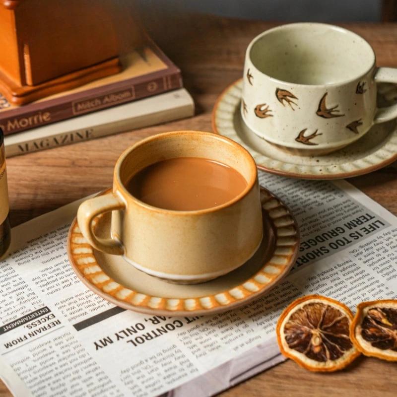 High-class Sense of Retro Coffee Cups and Saucers Set of Creative Rough Pottery Flower Cups Household High-grade Exquisite Mugs