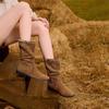 Cowhide Edition~ Vintage Pastoral Suede Western Cowboy Boots Women's Belt Buckle Pleated Pile Boots Belt Buckle Short Boots