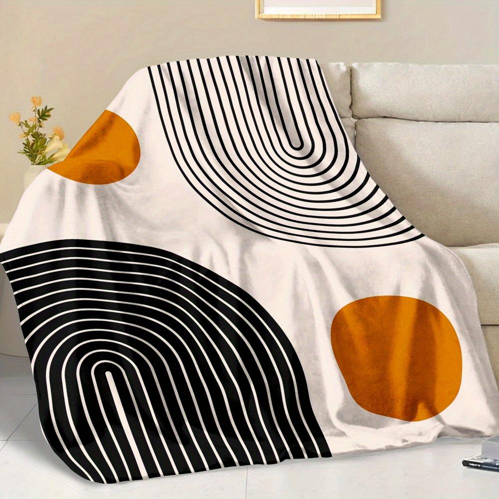 Boho Abstract Geometric Flannel Throw Blanket Black Line Arch Orange Circle Mid Century Blanket