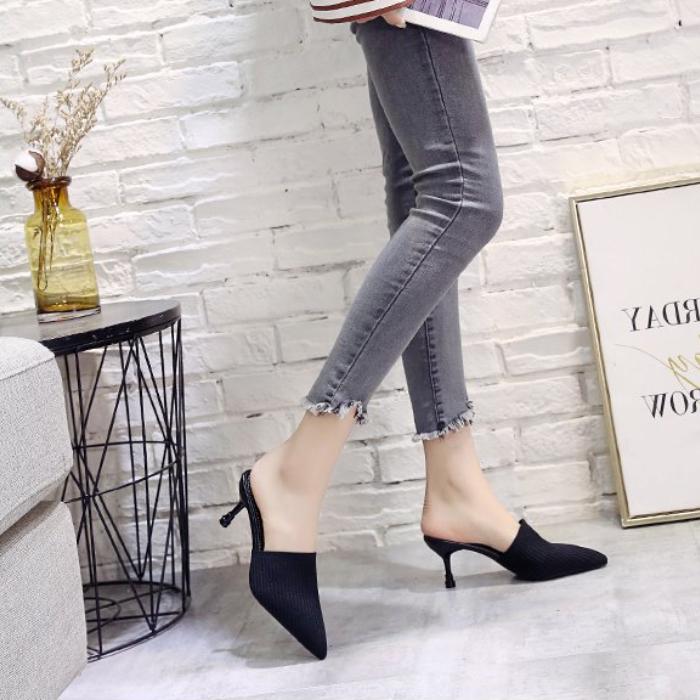 Женские модные тапочки на каблуке, сандалии, тканые тапочки на тонком каблуке с острым носком