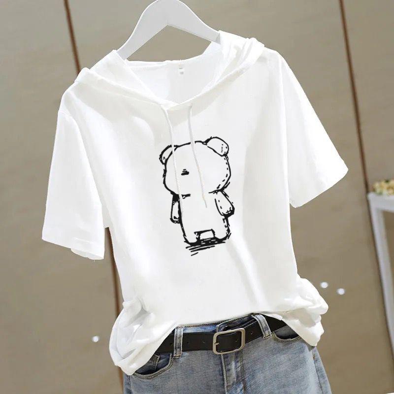 Женская футболка с капюшоном и короткими рукавами из 100% хлопка - 2025, приталенный свободный крой, корейский стиль