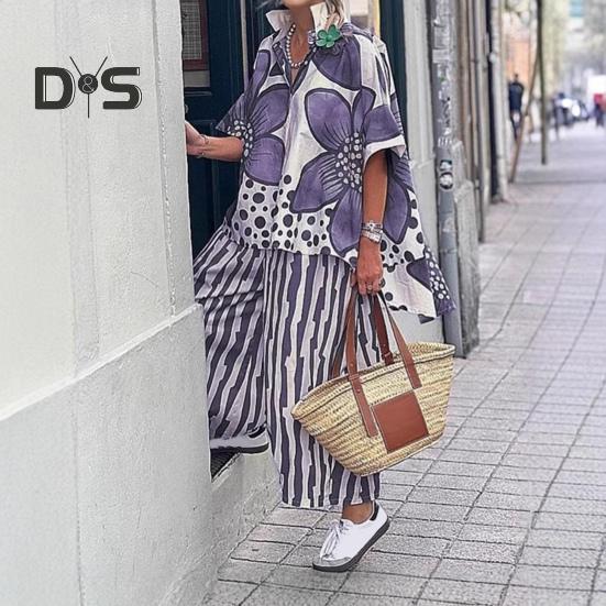 Женский комплект из двух предметов с цветочным принтом, свободный топ с коротким рукавом и широкими брюками, летний повседневный уличный стиль в стиле бохо