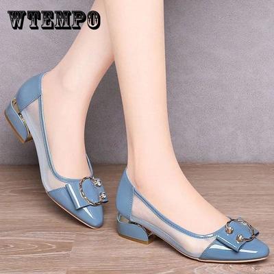 Туфли-лодочки на толстом каблуке, женские сандалии из натуральной мягкой сетки с острым носком, туфли для мам на среднем каблуке, женские летние сандалии с неглубокой подошвой