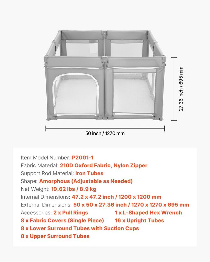 Baby Playpen, 1200 x 1200mm Foldable Toddlers Playpen, Indoor/Outdoor Baby Fence Play Yard with Zippered Door & Soft Breathable Mesh, No-Gap Toddlers