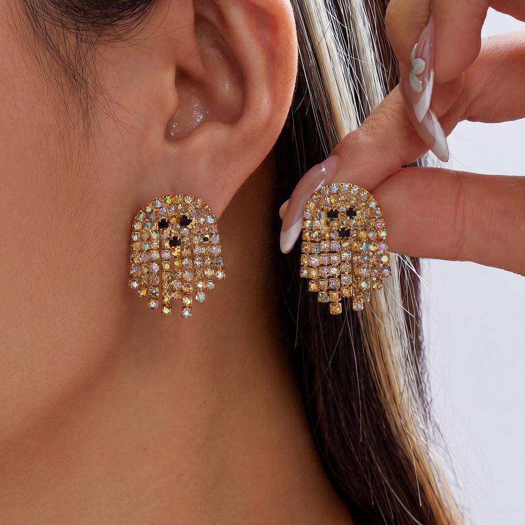 Halloween Sparkling Rhinestone Ghost Tassel Earrings for Women Cute Ghost Stud Earrings Goth Punk Party Jewelry Accessories