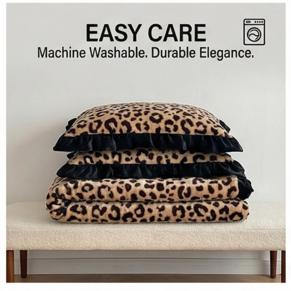 Зимний роскошный комплект постельного белья из четырех предметов с леопардовым принтом и кроличьим мехом - Пододеяльник с дополнительным наполнителем и утолщением для повышенного тепла и комфорта.