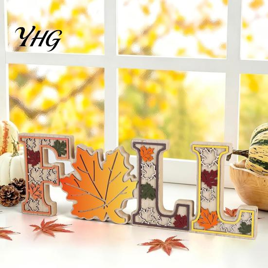 Seasonal Holiday Party Supplies 4Pcs/Set Fall Wooden Tabletop Signs, Autumn Maple Leaf Letter Decorations for Rustic Ornaments Tiered Tray Fireplace