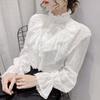 Fashion Ruffle Vintage Blouse Women Elegant Long Sleeve Lace Shirt Loose Chiffon Shirts Stand Collar Pleated Tops Blusas 15832