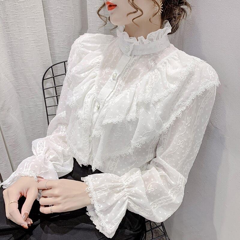 Fashion Ruffle Vintage Blouse Women Elegant Long Sleeve Lace Shirt Loose Chiffon Shirts Stand Collar Pleated Tops Blusas 15832