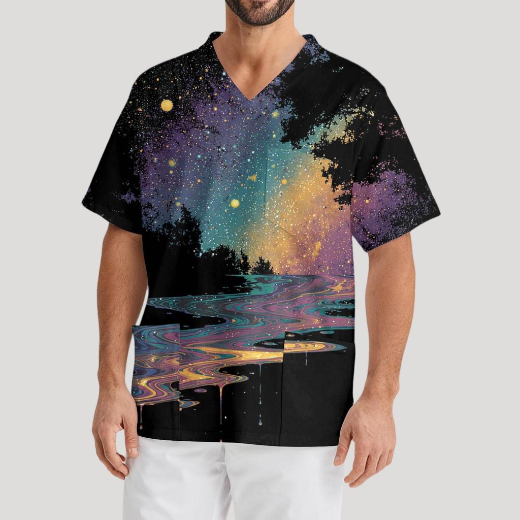 Мужская рабочая блузка с короткими рукавами и v-образным вырезом с принтом, топ с нагрудным карманом