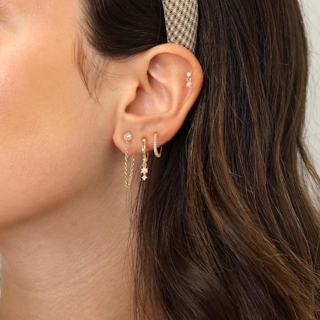 14k Gold Plated Pearl Hoop Earrings for Women Dainty Huggie Stacks, Hypoallergenic Cute Cartilage Studs, Trendy Fashion Zircon