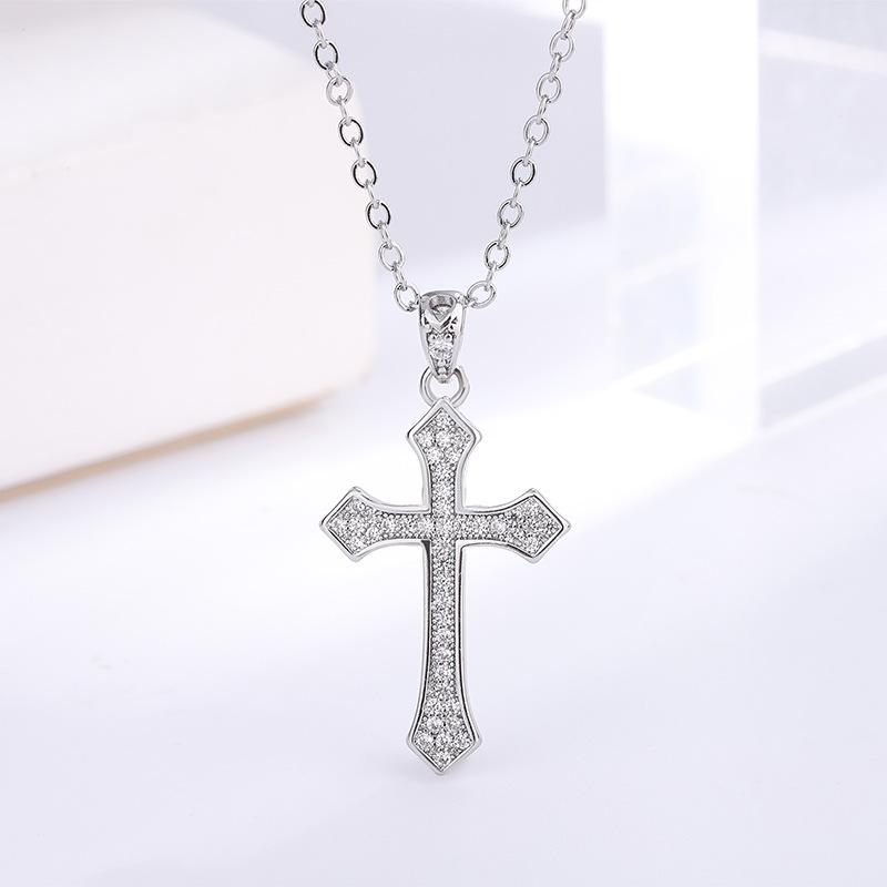 White Gold-Plated Cross Pendant Micro-Paved Necklace, Non-Fading, Christmas Gift Jewelry