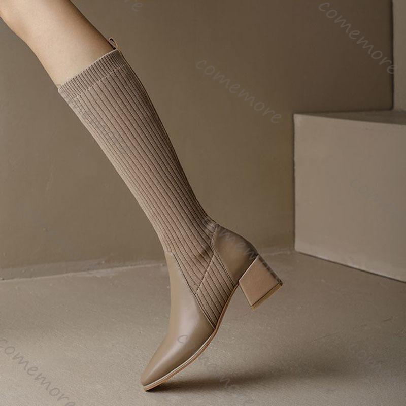 Comemore Retro Knitted Knee High Elastic Boots Chunky High Heeled Women's Sock Long Boots Casual Slip On Autumn Single Botas