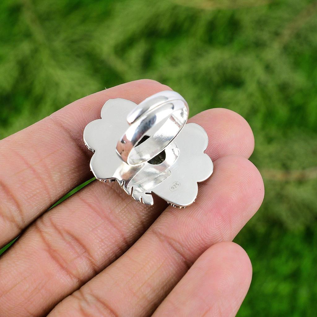 Natural Labradorite Gemstone 925 Silver Promise Flower Adjustable Ring For Girls