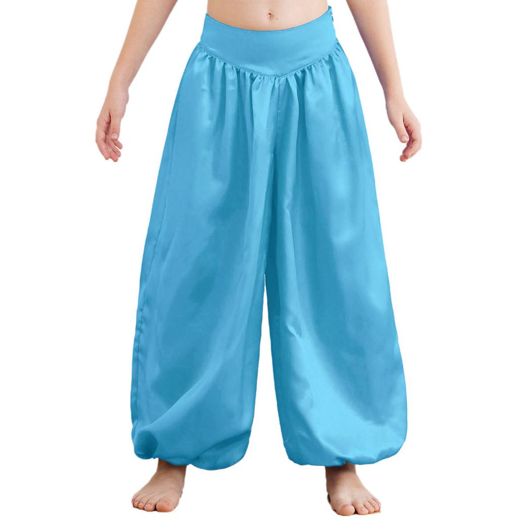 Комплект для танца живота для девочек: сетчатый топ с длинными рукавами и одним плечом, украшенный блестками и пайетками, укороченный топ, широкие атласные брюки-блумеры.