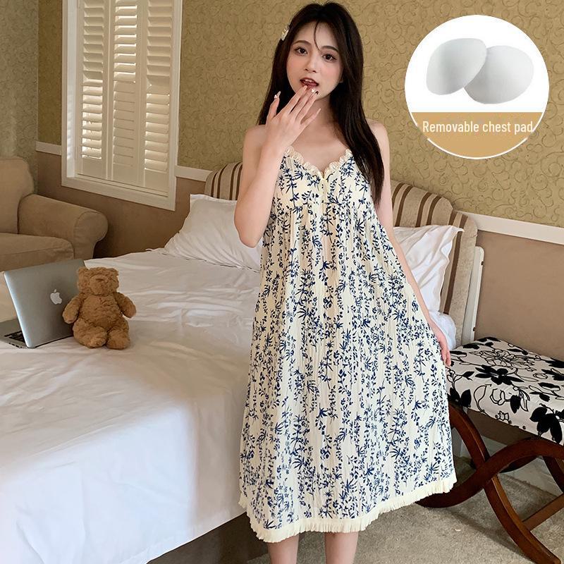 Женская летняя ночная рубашка из хлопка с пузырьками и подтяжками на груди — легкая, стильная домашняя одежда для дома и улицы