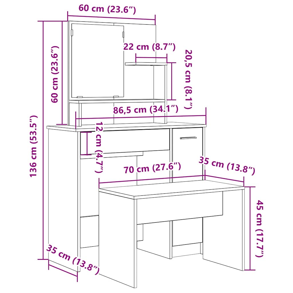 Vanity Table Set Artisan Oak Engineered Wood