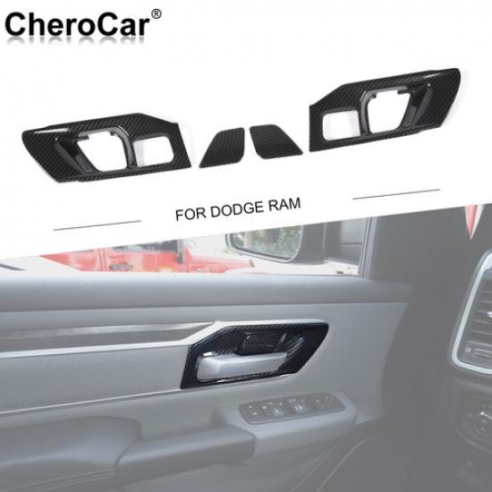 4pcs Door Handle Bowl Frame Trim Cover for Dodge Ram 2018+Black Carbon Fiber