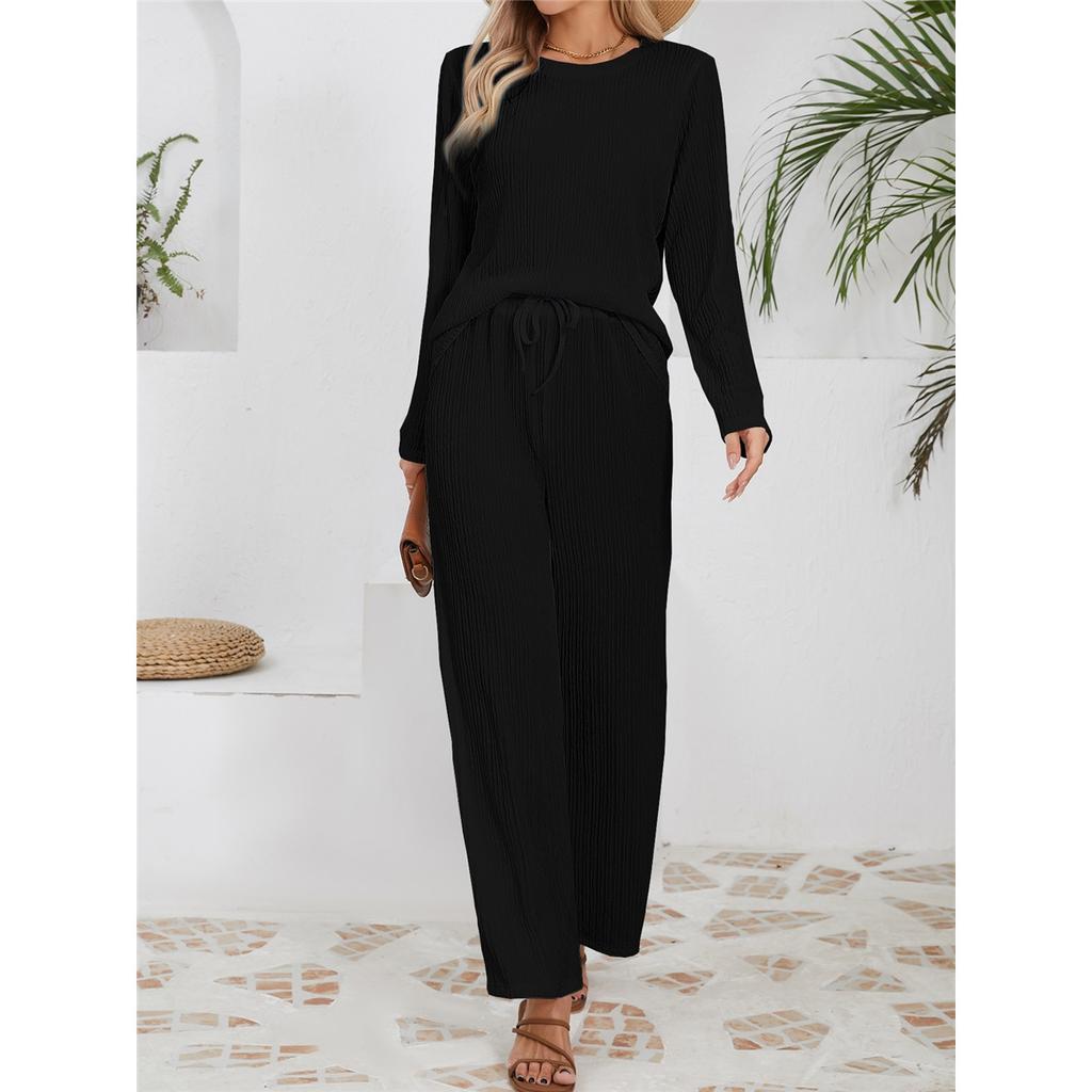 Женские комплекты свободного покроя из трикотажного жаккарда с длинными рукавами и круглым вырезом, брюки с высокой талией и завязками