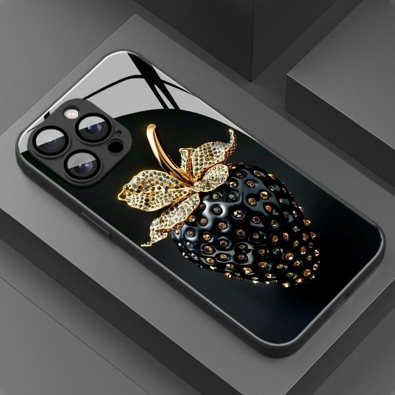Черный Чехол для Телефона из Закаленного Стекла с Рисунком Клубники Для iPhone 17 16 15 14 13 12 11 Pro Max Plus 16E 17Air XR XS X