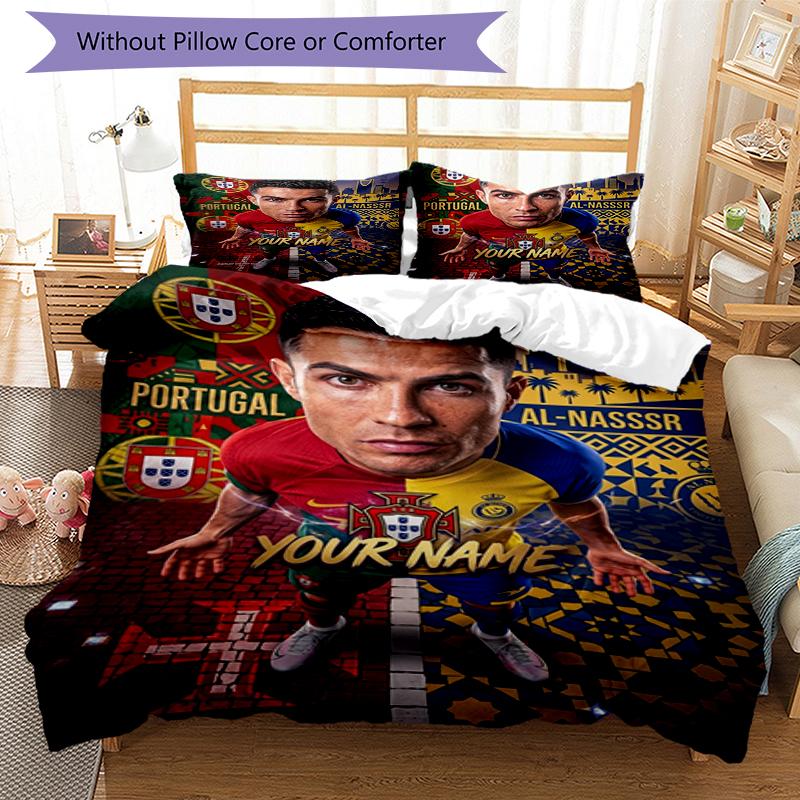 3pcs Custom Name Football Star Printed Bedding Set Duvet Cover Closure Includes 1 Duvet Cover & 2 Pillowcases, Soft and Comfortable for All Seasons.
