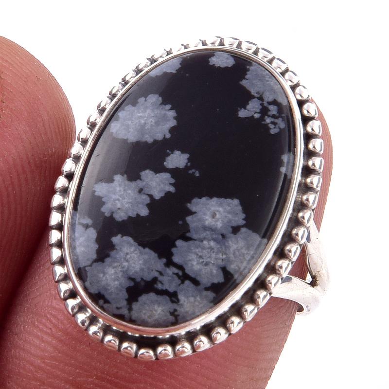 Natural Snowflake Obsidian Gemstone Handmade 925 Sterling Silver Ring S.7 B3F67