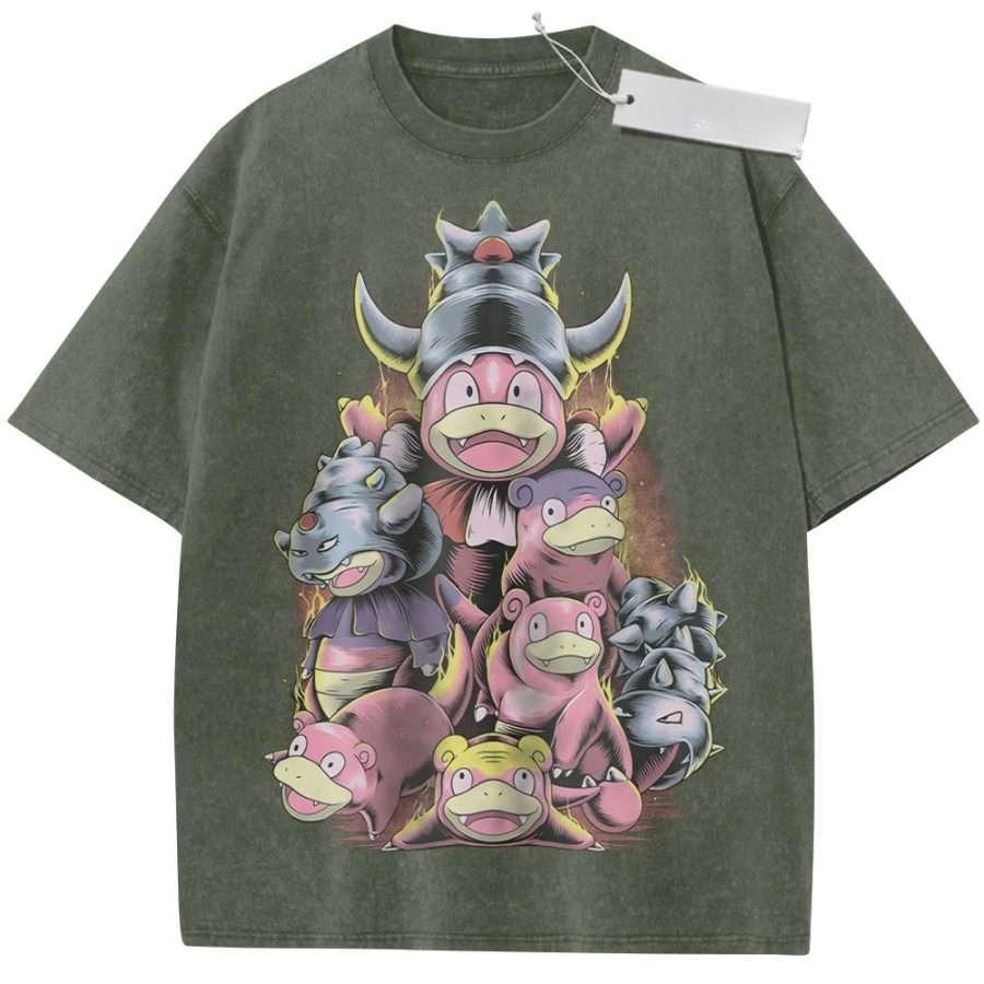 T Shirt Sports T Shirt Short Sleeve T Shirt Multi Color Unisex Pure Cotton Washed Retro Pokemon Slowpoke Evolutions Print