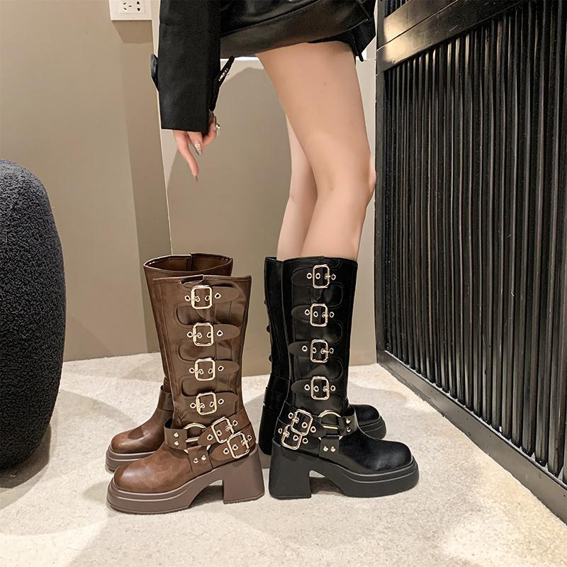 Новые стильные популярные женские сапоги на платформе до колена, элегантные на низком каблуке, трендовые панк-готик-рок кожаные модные женские туфли