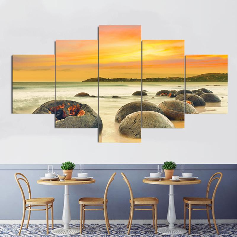 5 панелей Морской пейзаж Морской большой круглый камень Красочное небо Холст Картина Плакаты и принты Настенная картина Домашний декор без рамки
