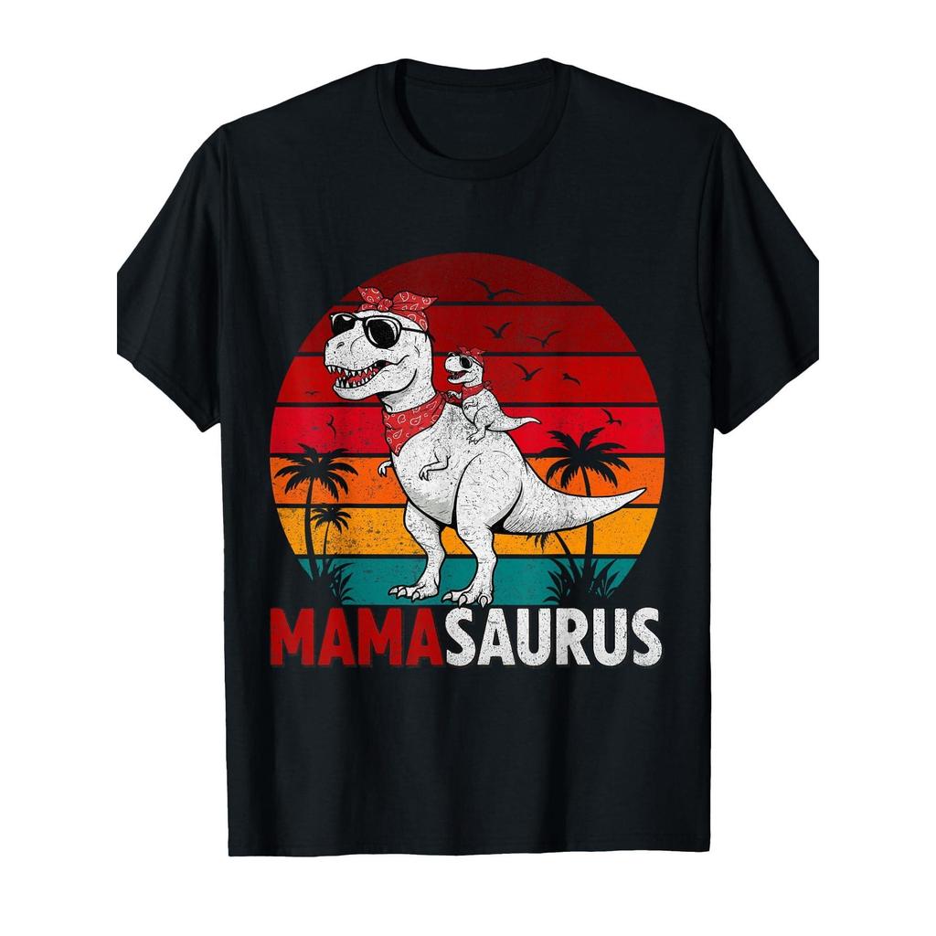 Футболка с графическим принтом Mama Saurus T-Rex Мама и Детеныш Динозавра Ретро Закат Пальмы Повседневный Подарок Футболка - Мужская Летняя Хлопковая Графическая Футболка