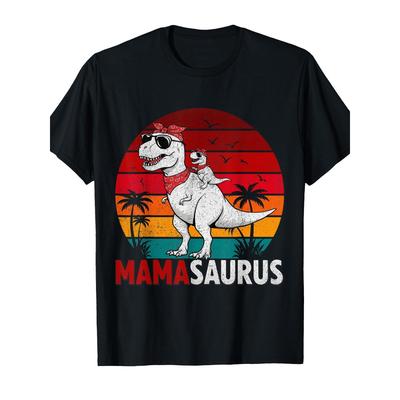 Футболка с графическим принтом Mama Saurus T-Rex Мама и Детеныш Динозавра Ретро Закат Пальмы Повседневный Подарок Футболка - Мужская Летняя Хлопковая Графическая Футболка