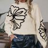 Women's Mock Neck Long Sleeve Knit Sweater Loose Fit Floral Embroidery Pullover