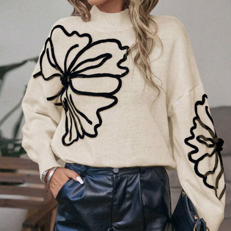 Women's Mock Neck Long Sleeve Knit Sweater Loose Fit Floral Embroidery Pullover