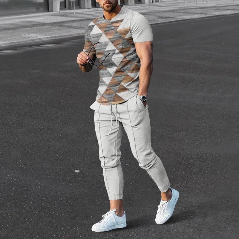 Летняя мужская футболка, длинные брюки, спортивный костюм, футболки с геометрическим 3D принтом, комплект брюк, комплект из 2 предметов, уличная одежда, костюмы больших размеров, спортивная одежда