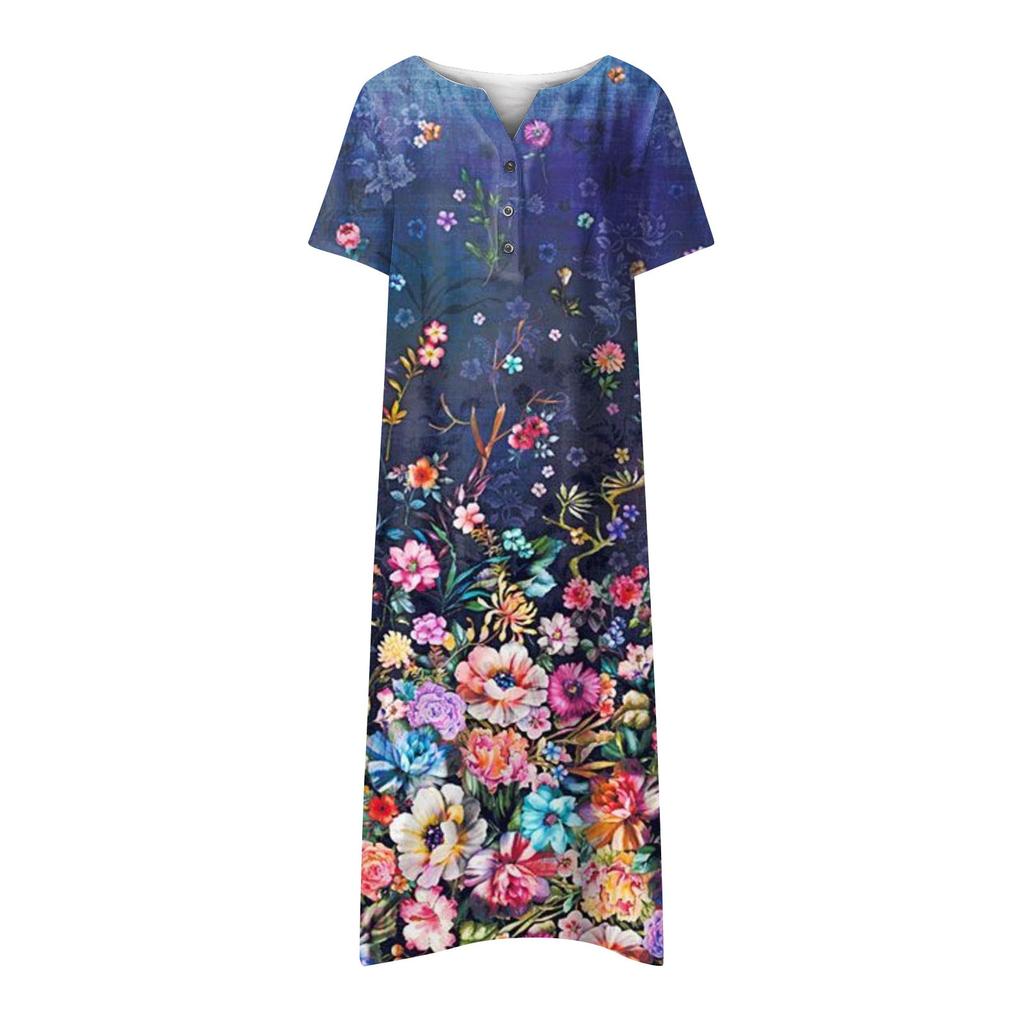 Women's Summer Casual Printed V-Neck Short-Sleeve Swing Dress