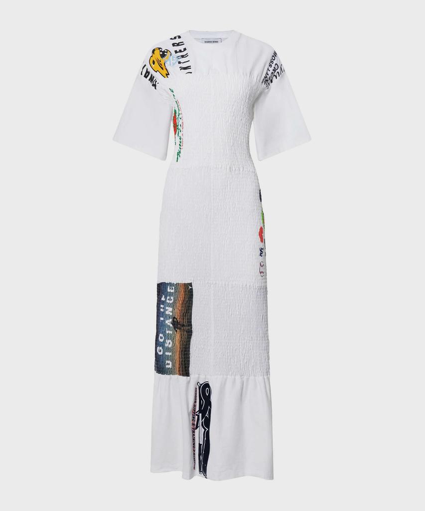 MARINE SERRE (W) Upcycled Shirred T-Shirt White Upcycled Shirred T-Shirts Long Fitted Dress