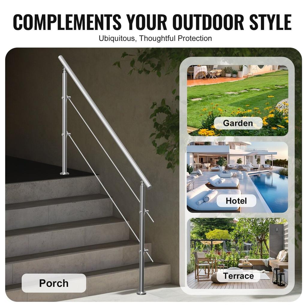 70.9in Handrails for Outdoor Steps 2 Crossbars Staircase for Porch Deck