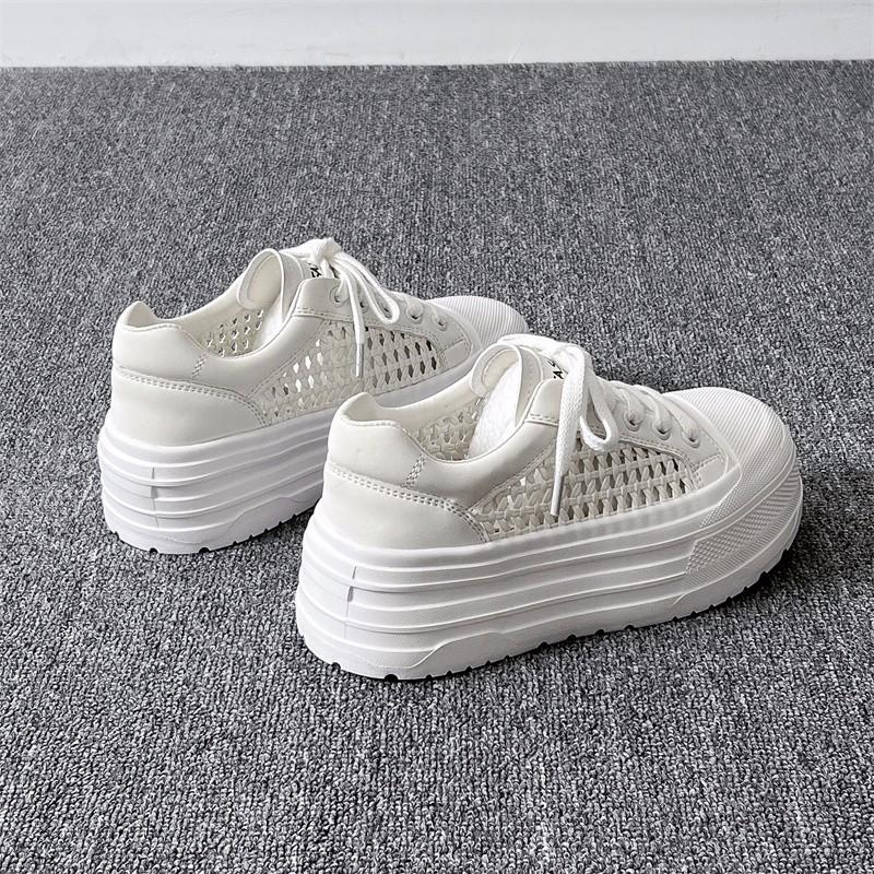 Lightweight Little White Shoes Women's 2025 Summer New Hollow Woven Breathable Board Shoes Short Le Thick Sole Inner Height Increase Women's Shoes