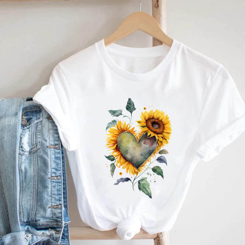 (Asian Size) Women Print Flower Floral Lovely 90s Trend Cute Tee Top Clothing Fashion Tshirt Lady Female Casual Short Sleeve Graphic T-shirt