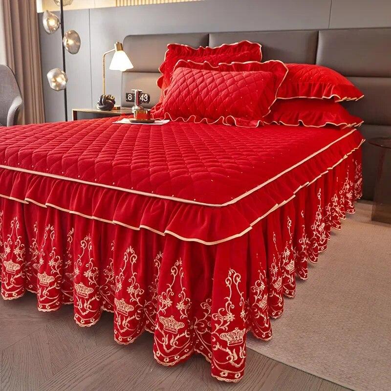 Европейский бархатный покрывало для кровати, комплект королевского размера, роскошная юбка с вышивкой, мягкая с 2 наволочками, дропшиппинг